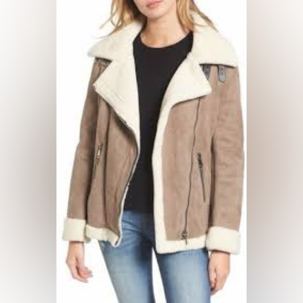 Vigoss Taupe Faux-Shearling Moto Jacket with Cream Trim